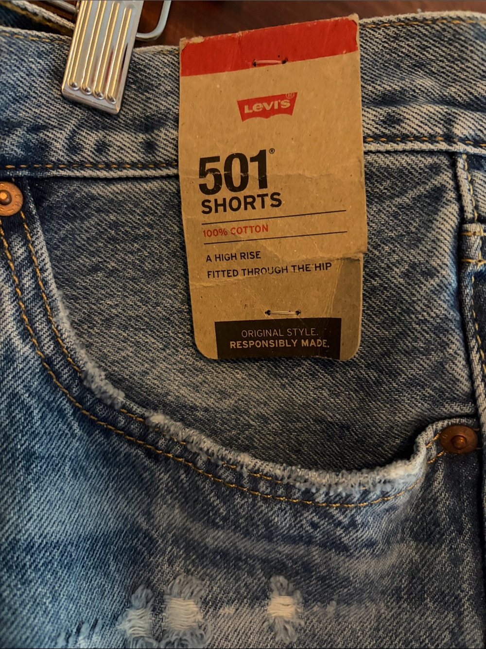 Levi's 501 Distressed High-Rise Light Blue Denim Shorts - Picture 2 of 4